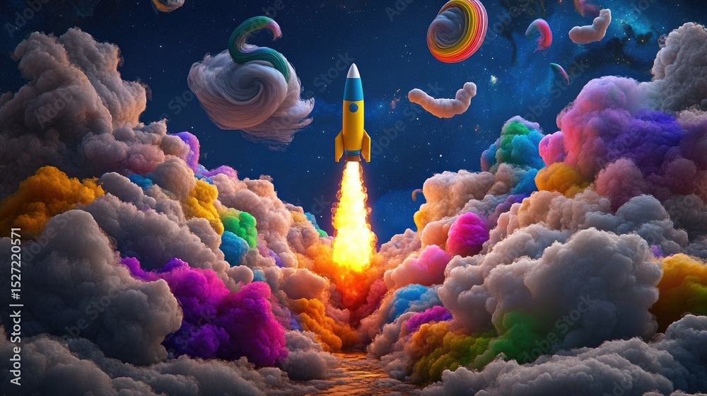 Aufkleber Rocket with bold colors soaring into a cosmic sky, illuminated swirls of clouds trailing behind in dramatic contrast.
