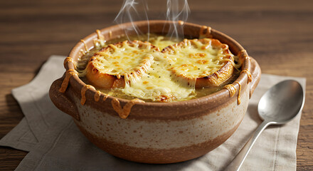 Steaming French Onion Soup in Rustic Earthenware Bowl