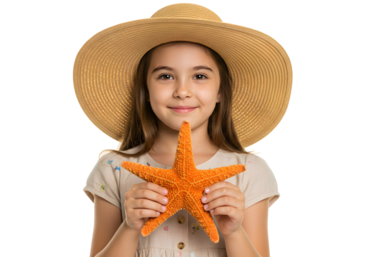 Girl with Starfish Enjoying Beach Summer Vacation