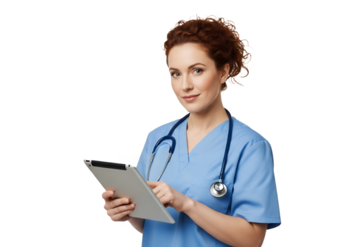 Woman in scrubs holding tablet with stethoscope around neck on transparent background