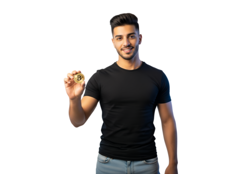 Man smiling holding a bitcoin in his hand against a transparent background