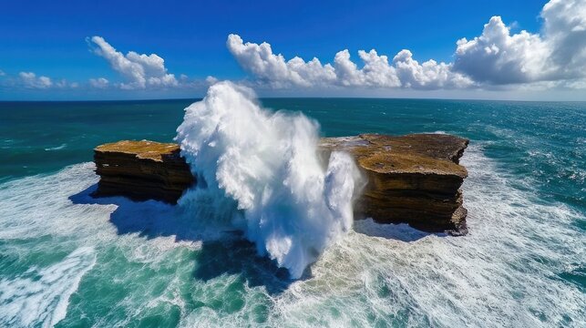 Ocean waves pounding cliff base, seen from dizzying height above