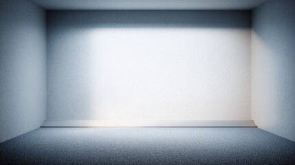 Obraz premium Minimalist empty room with light neutral walls and ceiling, illuminated by a bright light source casting stark contrast on the back wall. Dark speckled carpet adds texture to the smooth surfaces, emph
