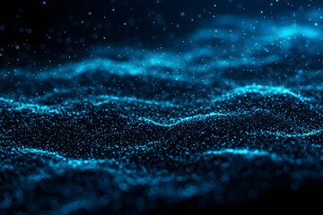 a futuristic data visualization, wallpaper, Abstract blue digital wave background with glowing particles. A digital abstract of flowing blue lines and dot-like structures, neon blue particles,