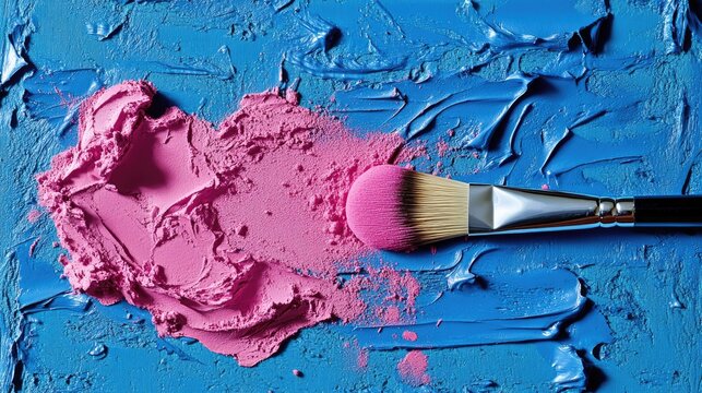 Makeup brush smearing pink powder across bold blue surface, detail and motion