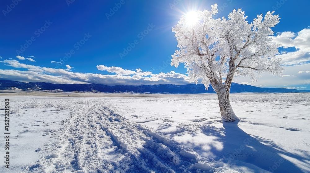 Poster icy branches of a lone tree sparkling on snowy terrain, under vast winter sky