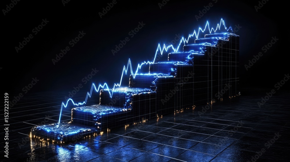 Poster High-tech graph display with ascending trend lines, data points, and virtual grid background in blue tones