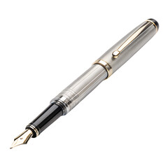 Naklejka premium Close up of a silver fountain pen with gold colored nib tip on transparent background