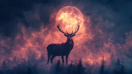 Majestic stag under a crimson moon.