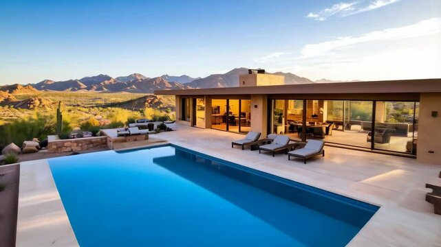 Luxury modern villa with swimming pool and mountain views in a desert landscape, including lounge chairs, a spacious terrace, and outdoor living