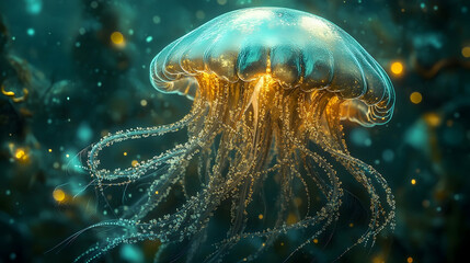 A glowing jellyfish in the deep sea.