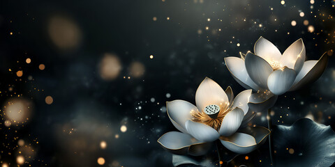 Fototapeta premium Elegant White Lotus Flowers with Golden Sparkles on Dark Background