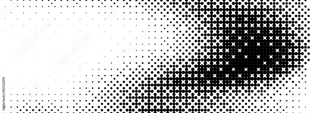 Aufkleber Pixelated bitmap texture cover. Black dithered pattern wallpaper. Abstract glitch gradient pattern. Wide raster halftone screen backdrop. 8 bit video game background. Vector rasterized halfton overlay