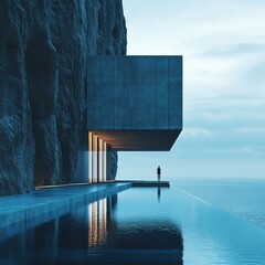 Modern cliffside house overlooking tranquil ocean