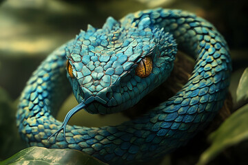 Close-up of a vibrant blue venomous snake.