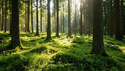 Obraz premium Sunlight filtering through a lush forest