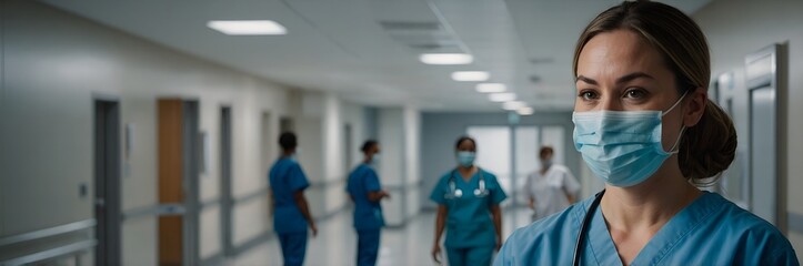 A Dedicated Nurse: A determined nurse stands in a hospital corridor, embodying healthcare. The scene exudes competence and a commitment to patient care, capturing the essence of compassionate service.