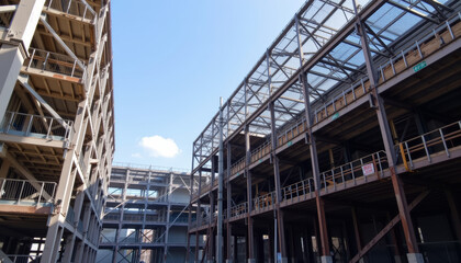 Partially constructed modern building showcasing steel framework and open spaces, reflecting industrial architecture