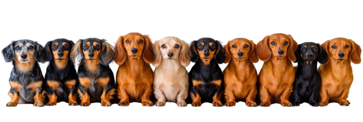 A lineup of eleven Dachshund dogs with varied coat colors and patterns, sitting attentively and facing forward. Png, Transparent background.