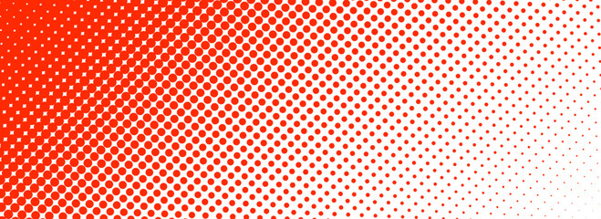 Red halftone corner gradient texture. Fading cartoon polka dot background. Dotted tilted gradation pattern. Fading comic pop art overlay backdrop. Vector slant frame halfton patern effect wallpaper