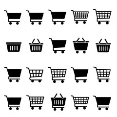 Collection of shopping cart and basket icons in black silhouette, arranged on a white background.