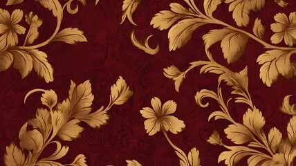 Fototapeta premium Seamless Golden Floral Pattern on Luxury Red Background - Vintage Baroque Style