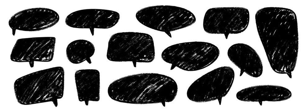Hand drawn speech bubble collection. Doodled marker dialog box set. Scribbled textured comic talk frames. Black sketched chat box pack. Different balloon text box bundle. Vector 