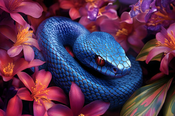 Vibrant blue snake coiled among colorful flowers.