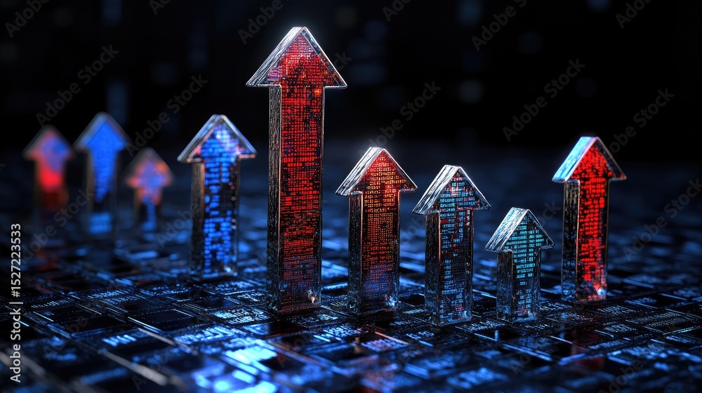 Poster Futuristic upward graph with floating data points and arrows, symbolizing financial progress