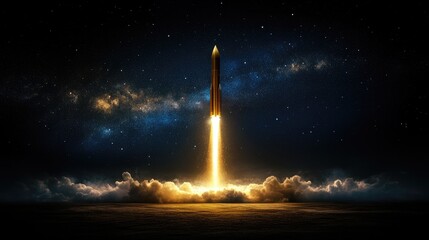 Futuristic rocket with vivid panels piercing a starry sky, glowing vapor trails and swirling mist below.