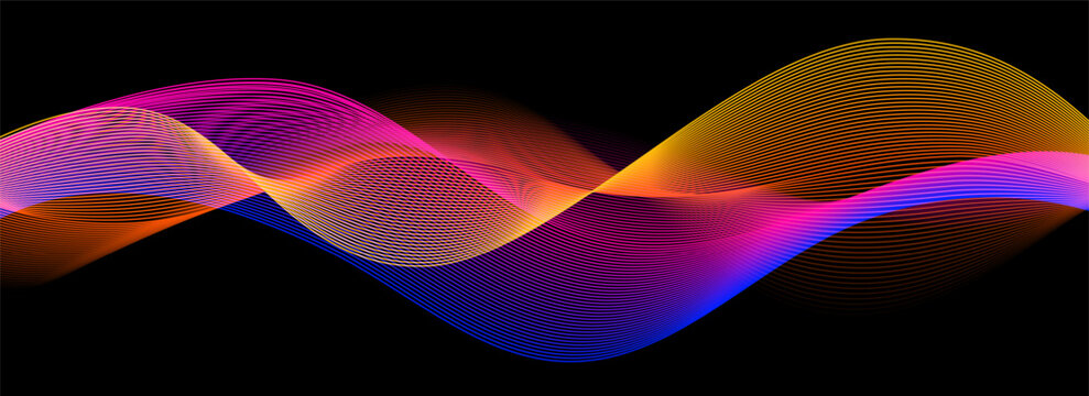 Smooth neon sound wave on black background. Abstract flowing wavy lines design for ai concept, eq equalizer, audio record, voice assistant. Yellow blue pink gradient curve stripe wallpaper. Vector