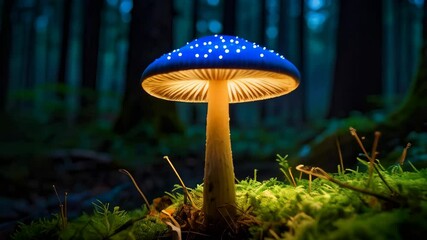 Illuminated mushroom with blue cap and white dots glowing in mossy dark forest scene at night. - Powered by Adobe
