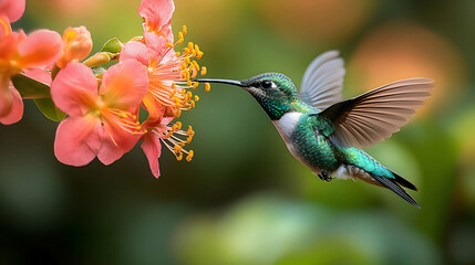 Fototapeta premium A hummingbird sips nectar from a vibrant flower.