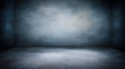 Dimly lit empty room with moody and atmospheric ambiance, featuring muted textured gray-blue walls and floor, soft diffused light illuminating the center of the back wall and floor, creating a gradien