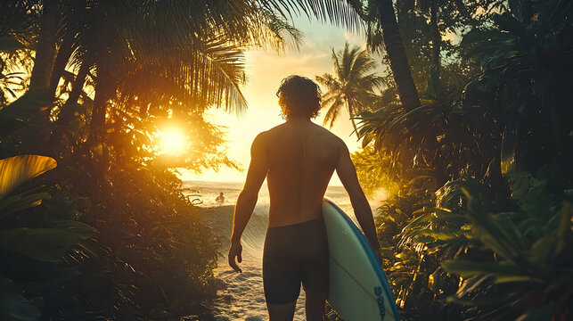 A man carries a surfboard through a tropical sunset.