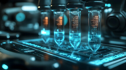 Futuristic scientific laboratory equipment with glowing test tubes.