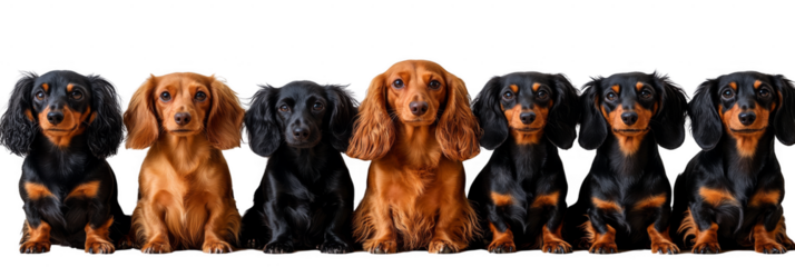 Seven dachshund dogs sitting in a row, featuring both smooth and long-haired coats, with various black and brown color patterns. Png, Transparent background.