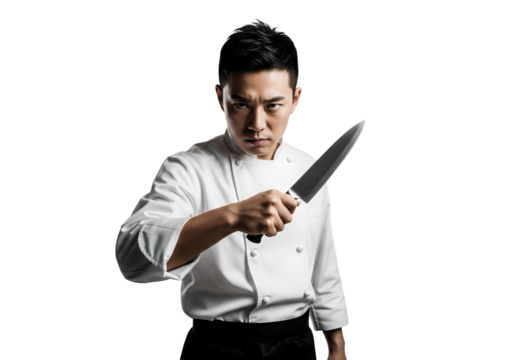 Chef holding knife with intense expression in studio shot on transparent background