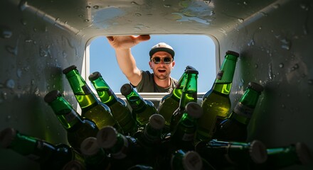 POV from inside a cooler full of beer bottles, a man in sunglasses and a cap reaching in under a sunny blue sky, shot with wide-angle lens for a fun summer vibe.