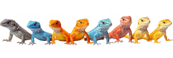 A row of lizards in various vibrant colors, showcasing diverse patterns and textures on their scales. Png, Transparent background.