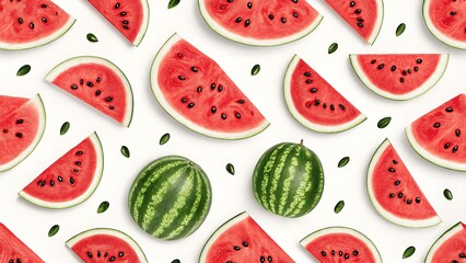 Seamless Pattern of Watermelon Slices on White Background, Fruit Slice, Whole Watermelon, Summer