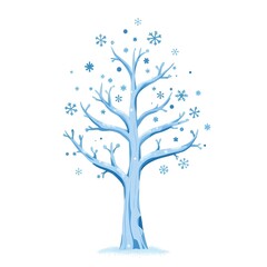  illustration of a winter tree. The tree is decorated with snowflakes, icy patterns, and cool blue and white colors No leaves 