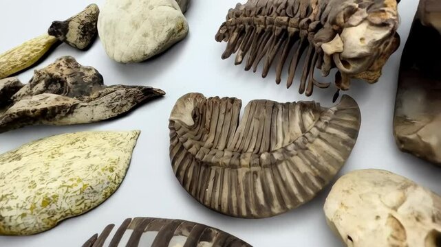 Variety of Fossils and Minerals Specimens Displayed on White Backdrop in Daylight