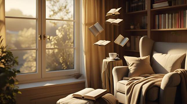 National Book Lovers Day. Cozy Reading Nook with Floating Books