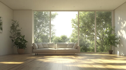 Fototapeta premium serene modern living room with cozy sofa and large windows showcasing lush greenery outside