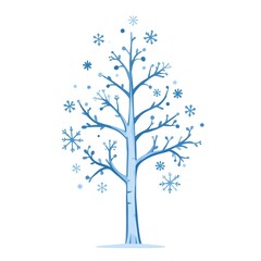  illustration of a winter tree. The tree is decorated with snowflakes, icy patterns, and cool blue and white colors No leaves 