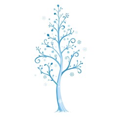  illustration of a winter tree. The tree is decorated with snowflakes, icy patterns, and cool blue and white colors No leaves 