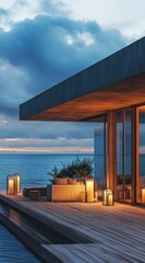 Fototapeta premium Modern beachfront house at sunset (1)