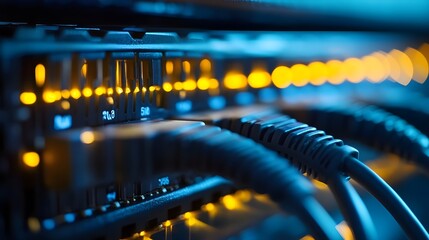 Network switch with ethernet cables connected. Cloud computing concept, wireless connection. Data transfer, internet, information technology. Technology, communication, networking, data center