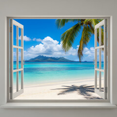 A stunning view through an open window reveals a pristine tropical beach with turquoise waters, white sand, a palm tree, and distant islands © homydesign